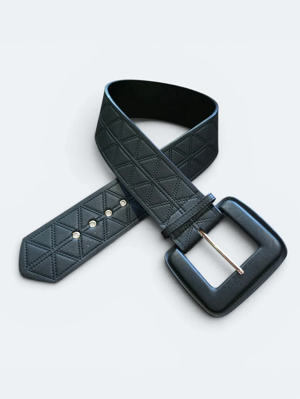 SHEIN Black Wide Waist Belt Quilted Geometric Pattern Square Buckle Boho